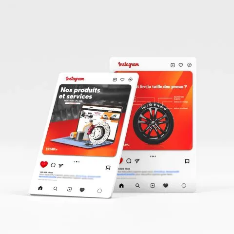 Visuels de publications Instagram d'Utileo mettant en avant des pièces utilitaires, avec des disques de frein et des explications pour lire la taille des pneus.