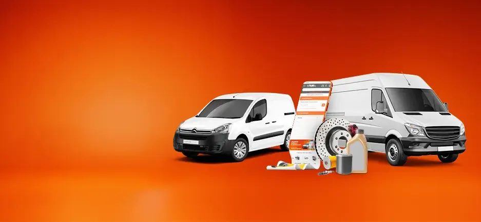 Utilitaires Citroën Berlingo et Mercedes Sprinter sur fond orange avec des pièces détachées telles que disques de frein, filtres, et huile moteur, illustrant les solutions pour véhicules utilitaires proposées par Utileo.